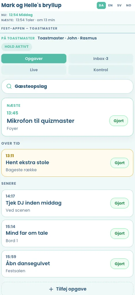 Toastmaster Opgaver for demo-festen Mark og Helles bryllup: Næste, Over tid, Senere og fanerne Inbox, Live og Kontrol