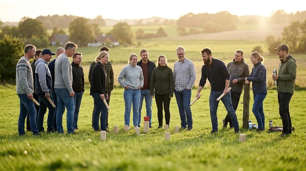 Kollegor spelar kubb på företagsutflykt