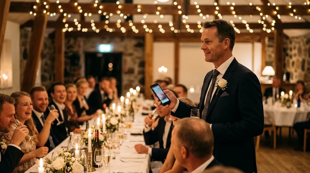 Toastmaster med telefon under bryllupsmiddagen